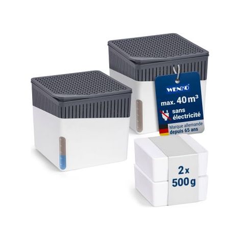 Lot de 2 déshumidificateurs Design CUBE Rechargeables 500g WENKO Absorbeur d'humidité, Anti moisissure jusqu’à 2 mois, Idéal jusqu'à 40m²,13x13x13 chaque, Blanc (1/5)