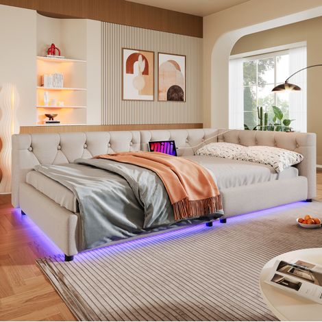 Tagesbett 90/200 cm beige aus Leinen und MDF mit LED-Beleuchtung und USB-Typ-C-Anschlüssen (1/5)