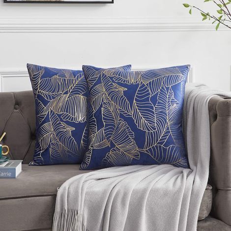 Velours Housses de Coussin 45x45 cm Decoration Imprimé Or Taie d'oreiller pour Canapé Chambre Voiture Salon Coussin Couverture Bleu Lot de 2 (1/5)
