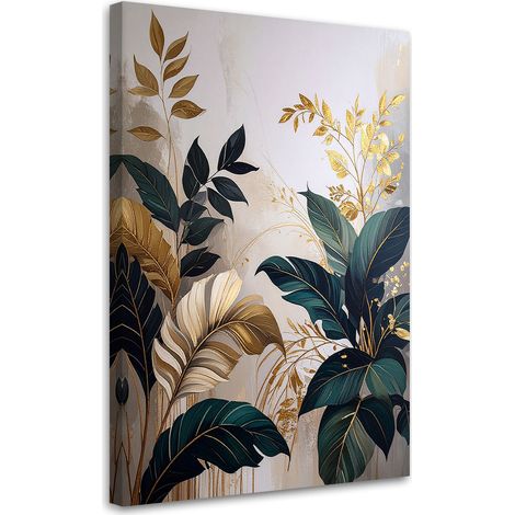 Tableau Moderne, Abstraction de feuilles de plantes vertes et dorées,30x45 (1/4)