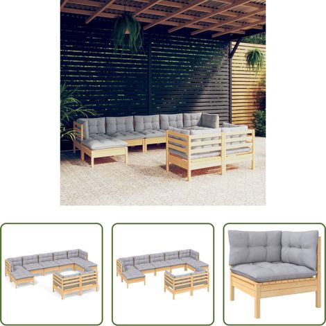 Terrassensofa -  9-tlg. Garten-Lounge-Set mit Grauen Kissen Kiefer Massivholz (1/5)