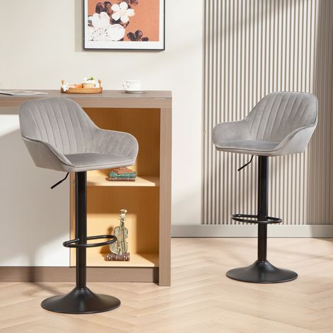 Lot de 2 tabourets de bar, chaises de bar en velours avec dossier, hauteur réglable et pivotante gris, repose-pieds