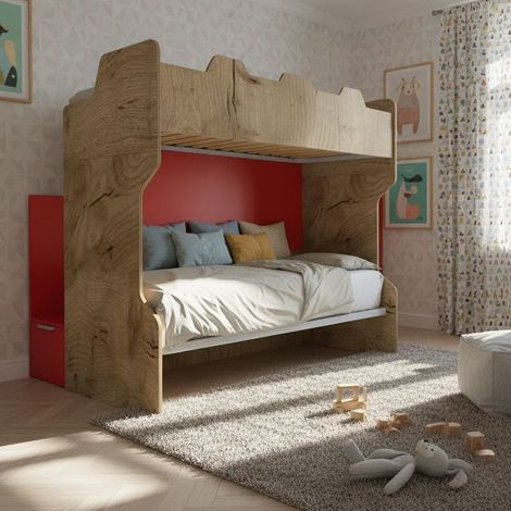 Letto a castello con scala contenitore e terzo letto estraibile - Cameretta salvaspazio - Quercia e Rosso