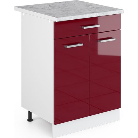 Mobiletto base per cucina R-Line, Rosso bordeaux lucido, 60 cm con cassetto PL Marmo, Vicco
