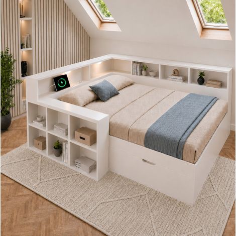 Letto matrimoniale 140x190 cm bianco in legno con contenitore, luci LED e prese USB-C (1/5)