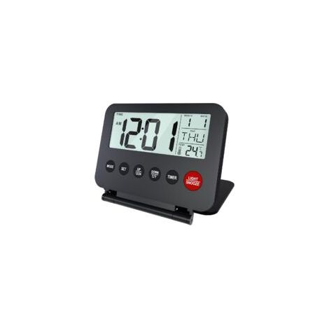 Piccola sveglia digitale da viaggio, a batteria, portatile - Orologio digitale, sveglia, funzione snooze, visualizzazione della temperatura e retroilluminazione (batterie non incluse) - Nero