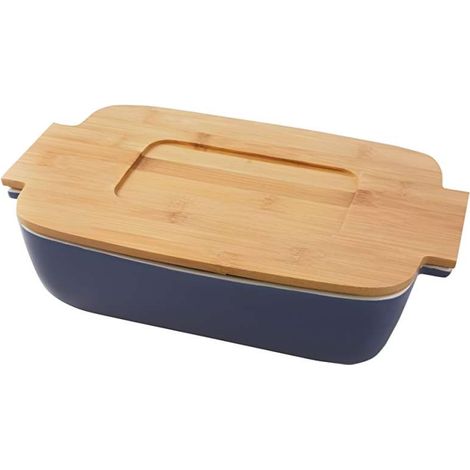 Terrina in Ceramica Blu con Coperchio in Bamboo 32x20x9 cm