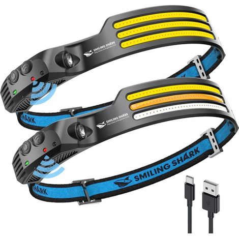 Lächelnder Hai-Stirnlampe, 2 Stück, 230° Weitwinkel, 3 LED-Mehrfarben-Lichtleisten, wiederaufladbar und mit Bewegungssensor, wasserdicht für Camping, Wandern, LED-Stirnlampe, Campinglicht [C (1/4)