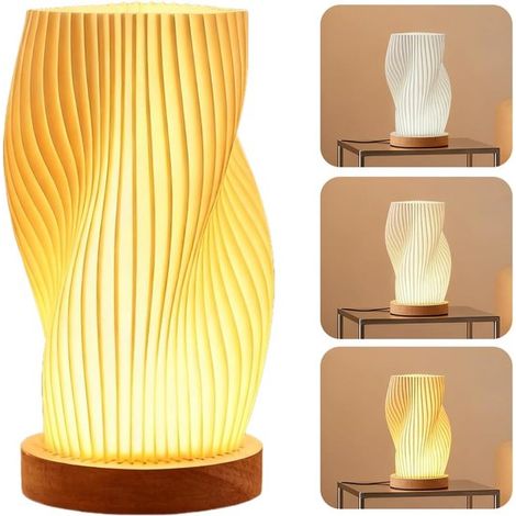 Nachtlicht mit Holzsockel, USB-Anschluss, Retro-Streifenmuster, drei Farben, PLA-Lampenschirm, LED-Birne, kleine Tischlampe für Schlaf-/Wohnzimmer (1/5)