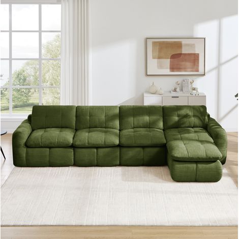Divano modulare angolare 334x160x68 cm, con pouf, senza montaggio, seduta ampia, chenille verde (1/5)