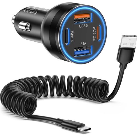 USB C Car Cigarette Lighter, 4 Ports 65 W PD3.0 and QC3.0 USB Fast Charger Adapter DC12V-24V USB Car Charger with 1.5 m Coiled USB C Cable Compatible with Samsung S24 S23(A-C Cable) (1/5)