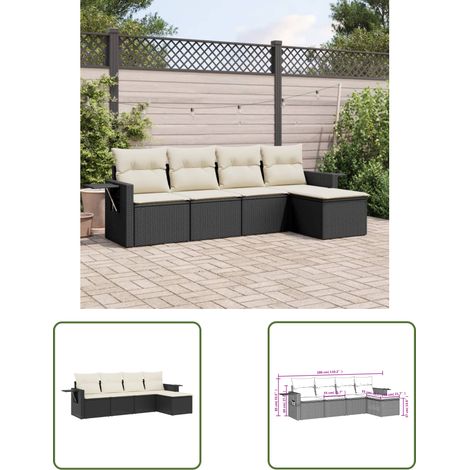 The Living Store Salon de jardin 5 pcs avec coussins noir résine tressée - Ensemble Salon De Jardin - Meuble Extérieur - Résine Tressée - Rotin Synthétique - Mobilier De Jardin (1/3)