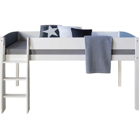 Letto soppalco a media altezza con rete a doghe 90x200 cm scala in legno bianco e grigio LIT06168