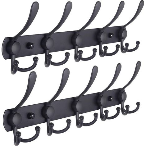 Porte-Manteau Mural - 5 Crochets Triples, Robustes, Acier Inoxydable, Rail De Crochet En Métal Pour Porte-Manteau, Porte-Serviettes, Porte-Monnaie, Robes D'entrée De Salle De Bain (Noir, 2 Paq (1/5)