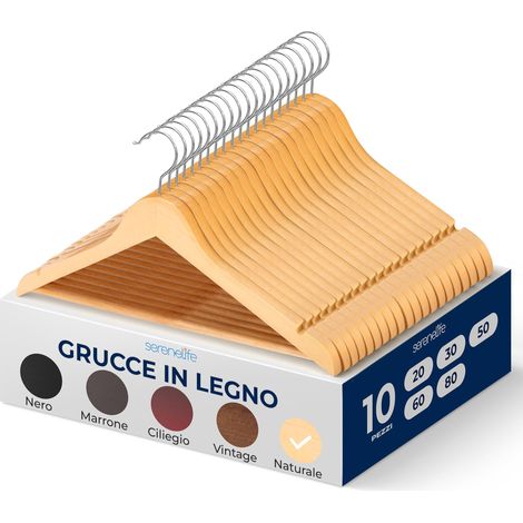 SereneLife Grucce Appendiabiti, 10 Stampelle Armadio in Legno, Appendiabiti Resistenti con Gancio Girevole a 360° e Tacche, Design Sottile per Felpe, Camicie, Giacche, Vestiti e Altro (1/5)