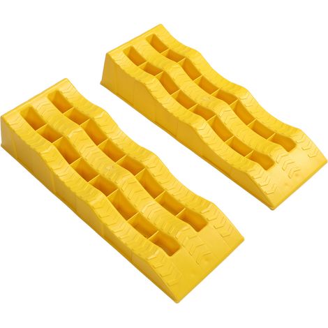 Paire de cales de nivellement camping-car 3 niveaux jaunes pour bloquer roues remorque et stabiliser terrain inégal (1/5)