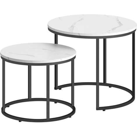Runde Couchtische, 2er-Set - Marmorplatte, schwarze Metallbeine