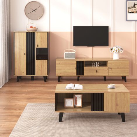 Ensemble de meubles de salon 3 pièces, table basse, meuble TV 170 cm et buffet, style moderne, en bois, pieds métal, grand espace de rangement - noir et couleur bois