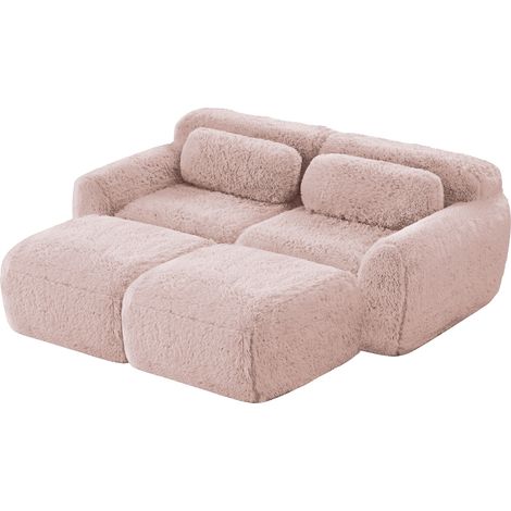 Canapés nuage sans structure, tissu peluche doux et moelleux, canapé-lit modulable avec 2 ottomans, canapé 2 places, sans montage, canapé confortable pour le salon, rose