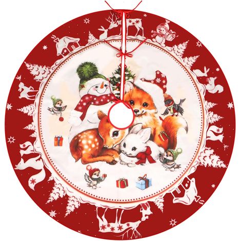 Christmas Tree Skirts, Red Christmas Tree Mat Decorations, Rabbit, Fox, Deer, Snowman for New Year's Decoration, Holiday Party Ornaments, 48 Inch Diameter