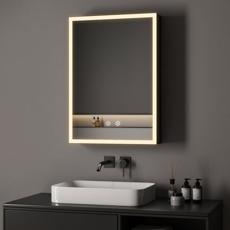 40 x 60 cm Spiegelschrank Bad mit Beleuchtung LED Spiegelschrank mit Beleuchtung Badspiegel Schwarz mit Beleuchtung Badschrank Hängeschränke mit 3 Einstellbare Lichtfarben Beschlagfrei, Schwarz