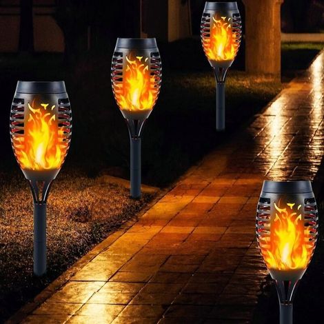 Lot de 4 lampes solaires à flamme LED,flammes vacillantes et chaudes,lampes torches solaires étanches,ornements de jardin,éclairage paysager,marche/arrêt automatique pour allée, cour (chaud) (1/4)