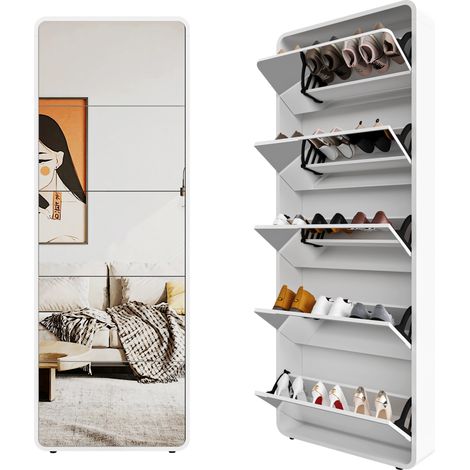CHICFURN Scarpiera con specchio 63x19,6x176,5 cm in legno e MDF bianco, 5 ante a ribalta (1/5)
