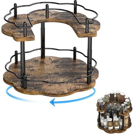 Range Epices, Rangement Epices Cuisine Rotatif en Bois à 2 Niveaux, Etagere Cuisine de Comptoir de Cuisine avec Tige de Support Réglable En Hauteur à 4 Niveaux et Structure de Garde-Corps Surélevée (1/5)