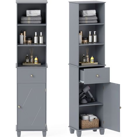 COSTWAY 172cm Tall Bathroom Cabinet Narrow Floor Cabinet w/3 Open Shelves-Grey (1/5)