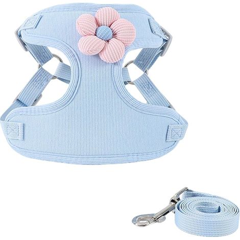 Harnais Chien - Laisse Réglable Anti-Traction en Coton Respirant - Pour Chiot Chat Petit Chien - Motif Floral Rose - Taille Unique (Poitrine 31-42 cm)
