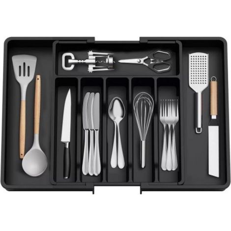 Organisateur extensible pour tiroir de cuisine, range-couverts compartimenté en plastique noir pour ustensiles de table et outils culinaires (1/5)