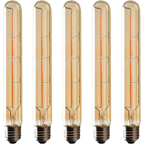 Pack T225 Long Tube Light Bulbs, 6W E27 Edison LED Filament Bulb, Warm White, Amber Glass for Decorative Light Bulb, AC 220-240V