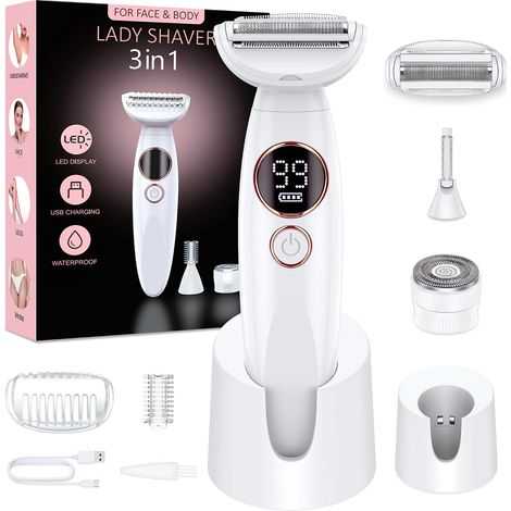 Rasoir Electrique Femme,3-In-1 Tondeuse Femme Intime,Epilateur Visage Femme avec Affichage LED de Batterie,Sec et Humide IPX7,pour Bikini,Aisselles,Jambes,Nez,Autonomie 120 min,Station de Charge USB C