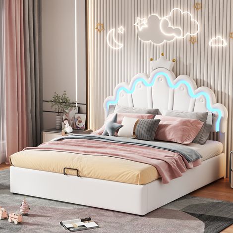 Cama doble 140x200 cm de MDF y metal blanco con almacenaje FloraGrace (1/5)