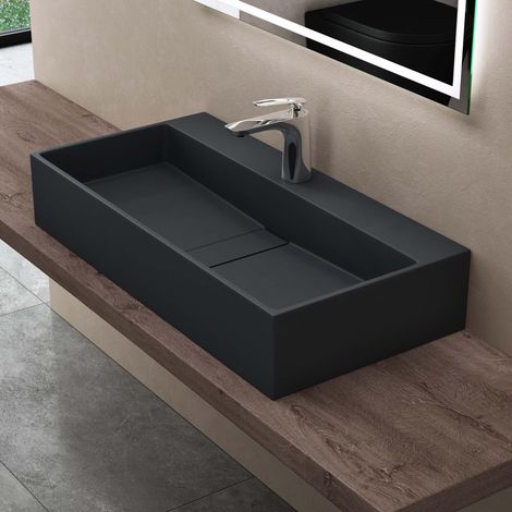 doporro Lavabo sobre encimera lavabo suspendido de diseño 80x40x14cm lavabo en antracita demármol fundido con 1 orificio para grifería Colossum6028