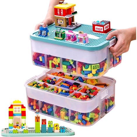 Boîte de rangement en plastique Lego, boîte de rangement Lego à deux niveaux avec couvercle, boîte de rangement transparente pour jouets d'enfants avec compartiments de rangement. (1/5)