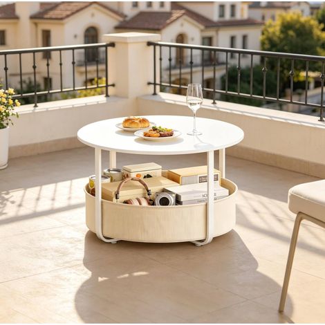 Table basse ronde avec panier en toile 80 x 50 cm blanc et beige OKWISH (1/5)