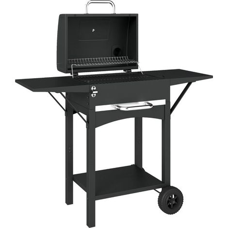 Barbecue à charbon avec couvercle, fumoir avec 2 tablettes latérales, grande surface de cuisson, grille, thermomètre, roulettes