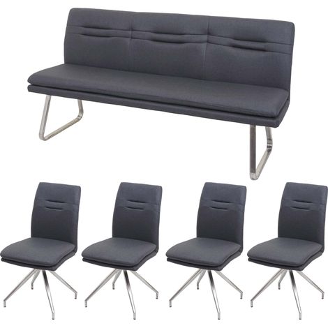 Set panca con 4x sedie sala pranzo soggiorno cucina HHG-922 tessuto acciaio inox grigio 180cm