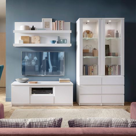 Wohnzimmer Schrankwand Set mit LED Beleuchtung, 4-teilig, in weiß FORTALEZA-129, B/H/T ca. 250,6/200/45 cm (1/5)
