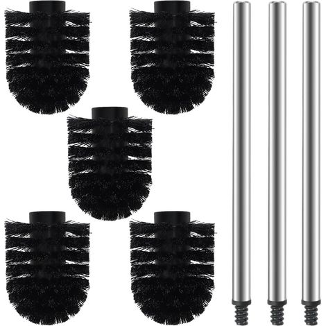Brosse WC noire Ø 6,5 cm, 5 têtes de brosse WC de rechange Ø 6,5 cm + 3 poignées en acier inoxydable de 26,5 cm, brosse WC avec poignée en acier inoxydable, brosse WC pour un nettoyage en profondeur (1/5)