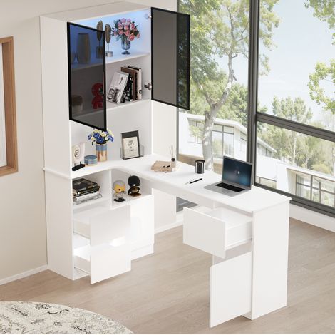 MEUBLIV Bureau d'angle 120x80x180 cm blanc – rangement LED, vitrines, tiroirs et niches (1/5)