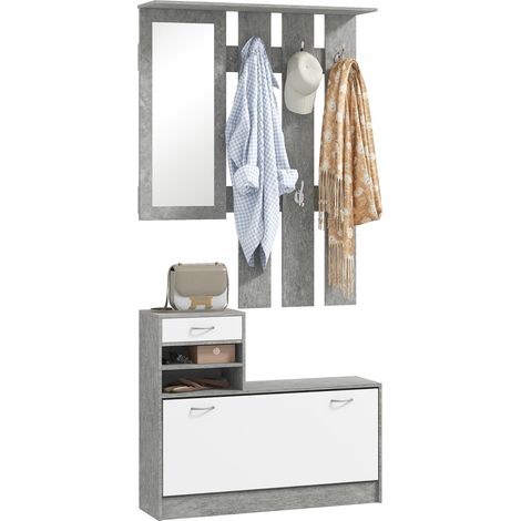 Ensemble de meubles d'entrée avec porte-manteau à 6 crochets, étagère à chaussures avec tiroir et miroir, gris (1/5)