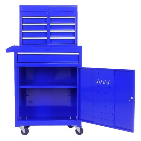 Boîte à outils mobile pour garage – Structure télescopique à 5 niveaux avec roulettes, partie supérieure amovible et étagères réglables – Couleur bleue
