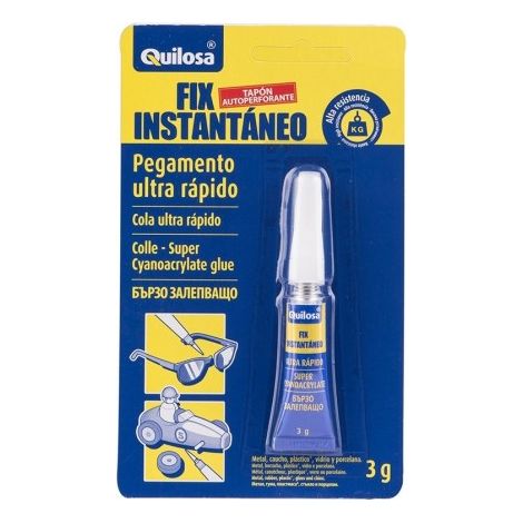 QUILOSA pegamento fix-instant 3gr. , Adhesivo de cianocrilato Fix Instantáneo.
- Tubo de 3 gramos.
- Para todo tipo de materiales.
- Pegado instantáneo de alta resistencia. (1/2)