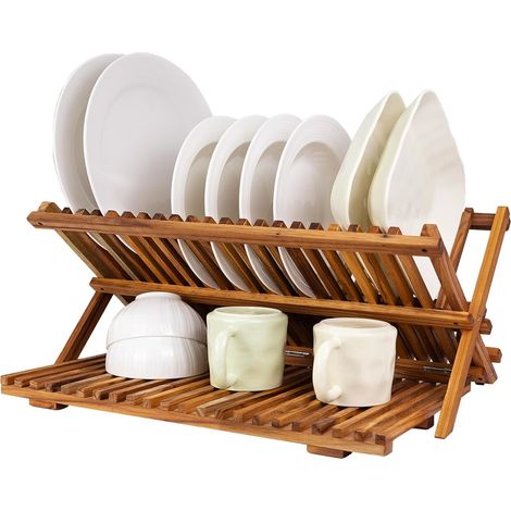 Grand Egouttoir Vaisselle en Teck Pliable pour Comptoir, 3 Niveaux Organiseur de Cuisine pour Assiettes à Pâtes, Tasses (1/5)