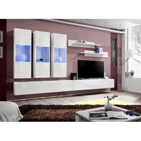 Ensemble meuble TV mural  - Fly II - 320 cm x 190 cm x 40 cm - Blanc - Livraison gratuite