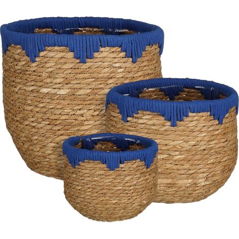 Lot de 3 Paniers à Plantes Jorck en Jonc de Mer et Coton, Paniers de Rangement Bleu et Marron - PANGIVO (1/4)
