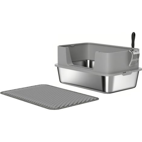 Arenero abierto de acero inoxidable con pala, alfombrilla de bordes altos para gatos de hasta 7 kg, 60,2 x 40,2 x 29,5 cm, gris, disponible en el sitio. (1/5)