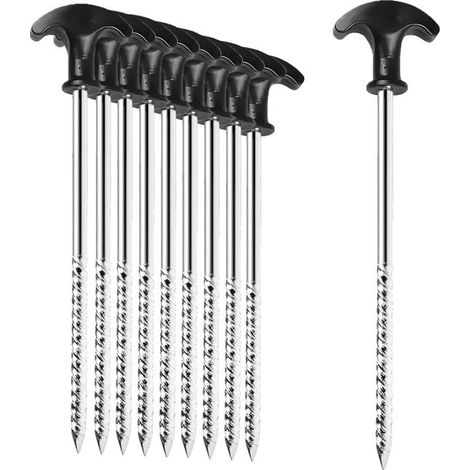 10x Piquets de Tente en Acier, Robustes et Stables avec Filetage, Sardines de Camping avec poignée en T, Piquet de Sol,